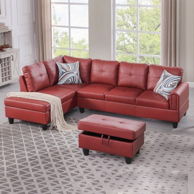 AndMakers 97 in. W Square Arm 3-piece L Shaped Faux Leather Modern Sectional Sofa in Red with Storage