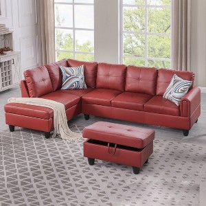 AndMakers 97 in. W Square Arm 3-piece L Shaped Faux Leather Modern Sectional Sofa in Red with Storage - 1 of 4