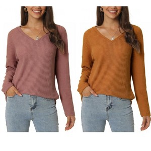 INSPIRE CHIC Women's V Neck Waffle Knit Long Sleeve Casual Tunic Blouses 2 Packs - 1 of 4
