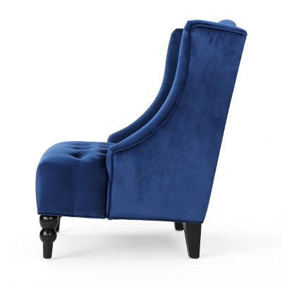 Navy Blue Velvet Wingback Accent Chair with Wood Legs