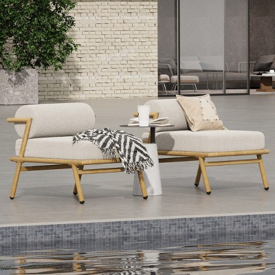 Outdoor Natural Teak Finished Accent Chair,Set Of 2 Club Chairs with Cushion And Iron Frame,Patio Lounge Armless Club Chair-Coolbibila