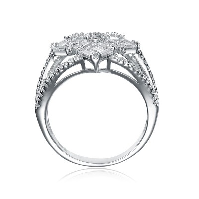 Guili Rhodium-Plated Sterling Silver Ring with Triple Split Shank, featuring Clear Baguette & Round CZ in a bold yet elegant design, sizes 6-8.