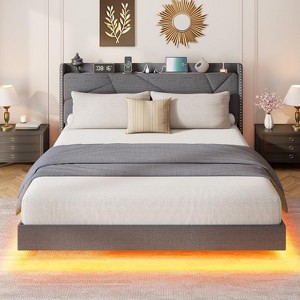King Size Floating Bed Frame with RGB LED and Charging Station,Upholstered Platform with Storage Headboard,Button Tufted Design,No Box Spring Needed - 1 of 4