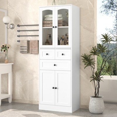 TIRAMISUBEST Tall Bathroom Storage Cabinet, Cabinet with Four Doors and Drawers, Adjustable Shelf, MDF Board, White