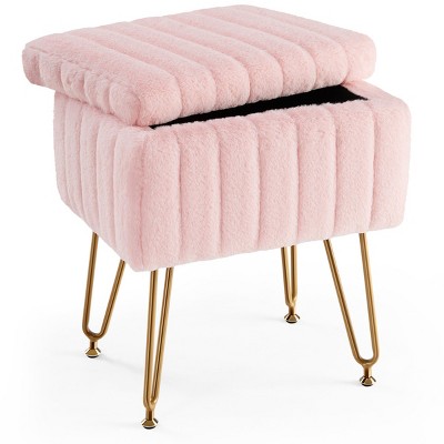 FURNIinspire Ottomans And Benches Vanity Stool Chair Storage Ottoman Faux Fur Soft Padded Makeup Footstools Seat, Pink, 16"*12.2"*19.8"