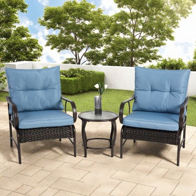 FURNIinspire Patio Seating Sets 3 Pieces Patio Set Outdoor Wicker Furniture Sets, Modern Rattan Chairs With Coffee Table, Blue, 25.59“*25.59”*33.07“