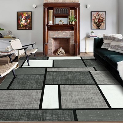 Washable Modern Patchwork Rug Non Slip Low Pile Rug Soft Contemporary Throw Floor Cover Foldable Indoor Carpet for Living Room Bedroom Playroom填