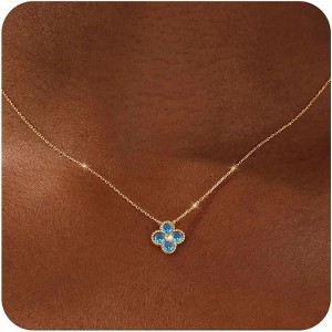 Non Tarnish 14K Gold Plated Four Leaf Clover Necklace Trendy CZ Emerald Pendant Necklace Jewelry - 1 of 4