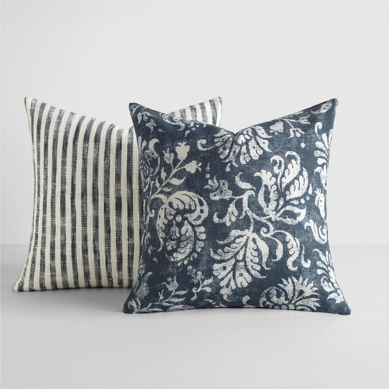 2-Pack Yarn-Dyed Patterns Navy Throw Pillows - Becky Cameron, Navy Yarn-Dyed Bengal Stripe / Distressed Floral, 20 x 20, 1 of 9