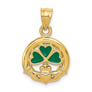 Black Bow Jewelry 14k Yellow Gold Green Enamel Clover & Claddagh Pendant, 14mm - 1 of 4