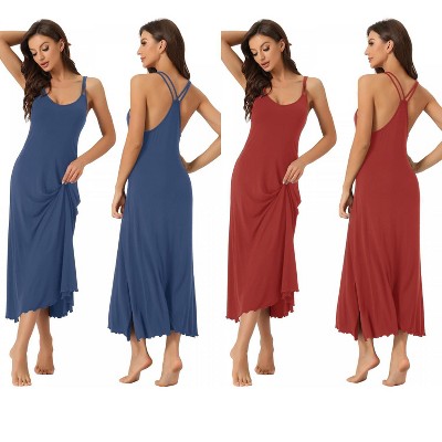 INSPIRE CHIC Women's 2 Pcs One-Piece Pajama Dress Sleeveless Backless Full Slip Camisole U Neck Midi Nightgowns X-Small Red/Navy Blue
