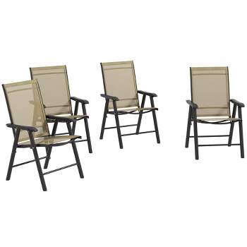 Outsunny Set of 4 Patio Folding Chairs, Stackable Outdoor Sling Chairs with Armrests for Lawn, Camping, Dining, Beach, Metal Frame, Light Brown