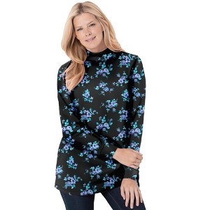 Woman Within Plus Size Perfect Printed Long-Sleeve Mockneck Tee - 1 of 4