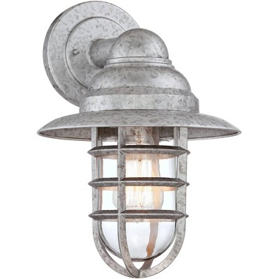 John Timberland Modern Outdoor Wall Light Fixture Galvanized Finish Hooded 13 1/4" Caged Glass Exterior House Porch Patio