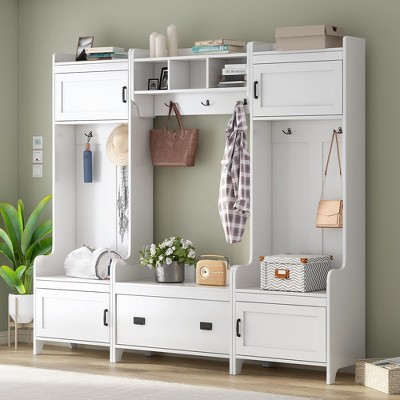 Hall Tree Entryway Bench with Cabinet, Wide Entryway Hall Tree with Coat Rack, Entryway Storage Bench for Entrance Hallway Mudroom