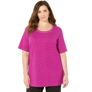 Catherines Women's Plus Size Suprema Embroidered Scoopneck Tee - 1 of 4