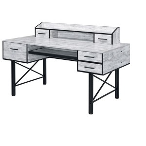 HomeRoots 59" Antiqued White and Black Computer Desk With Five Drawers - 1 of 4