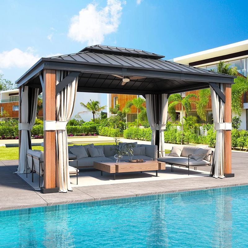 Wood Grain Aluminum Frame Gazebo with Galvanized Steel Roof and Curtains