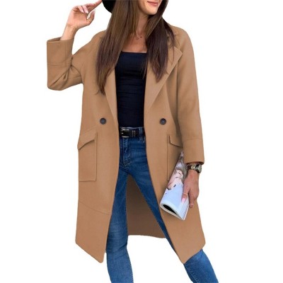 Women's Fashion Faux Fur Lapel Double-Breasted Thick Wool Trench Coat Winter Warm Jacket