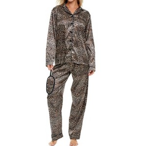 ADR Women's Satin Pajamas Set, Button Down Long Sleeve Top and Pants with Pockets, Silk like PJs with Matching Sleep Mask - 1 of 4