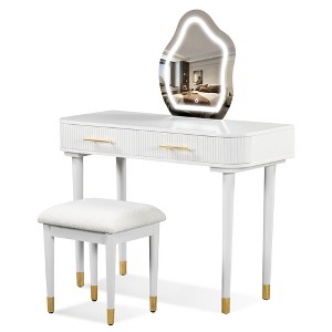 Gulches 40" Modern Vanity Table Set with Mirror Touch Screen Lighted Mirror, Dressing Table and Cushioned Stool Set with 2 Large Drawers, White - 1 of 4