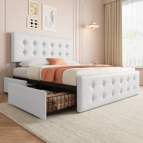 Whizmax Full Size Bed Frame With 4 Storage Drawers, Faux Leather ...