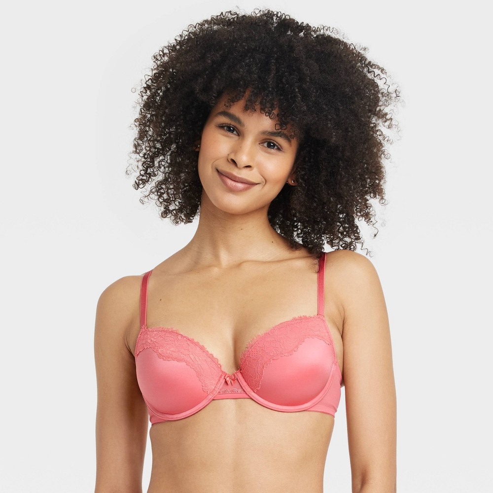 Women's Lace Push-Up Demi T-Shirt Bra - Auden™ Coral 38B: Adjustable Strap, Molded Cup, Underwire