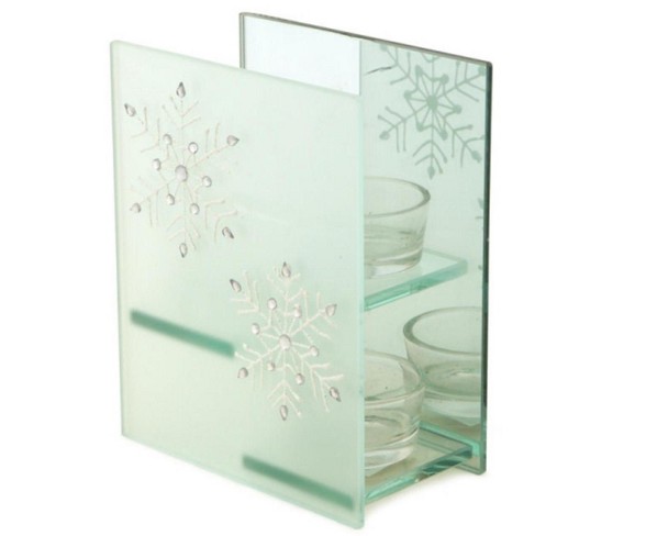 Melrose 6 " Frosted Glass Glittery Snowflake Votive Candle Holder - Green