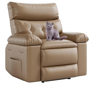 Manual recliner in imitation leather, 360° swivel, upholstered, metal base, single-seater sofa with side pockets, suitable for living rooms, beige - 1 of 4