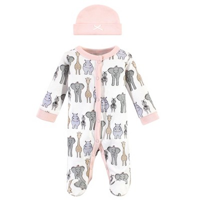 Hudson Baby Infant Girl Preemie Snap Sleep and Play and Cap 2pc Set, Pink Safari, Preemie