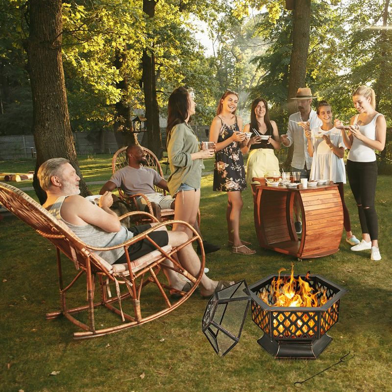Costway 26''Outdoor Hex-shaped Fire Pit Wood Burning Bowl W/ Screen Cover and Poker, 3 of 11