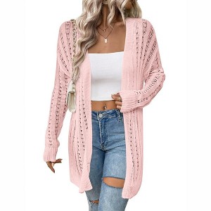 Womens Cardigan Above Knee Crochet Sweater Open Front Ribbed Long Sleeve Lightweight Sweater Longline Cardigan Cozy Fall Sweater Coats - 1 of 4