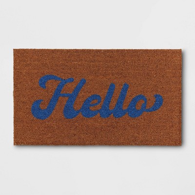 1'4"x2'4" 'Hello' Coir Doormat Natural/Blue - Room Essentials™: Outdoor Welcome Mat, Front Door Decor