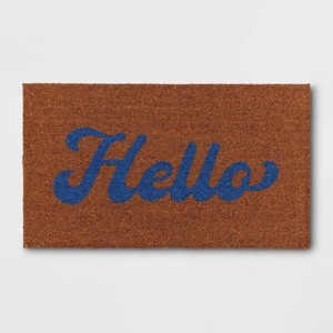 1'4"x2'4" 'Hello' Coir Doormat Natural/Blue - Room Essentials™: Outdoor Welcome Mat, Front Door Decor - 1 of 4