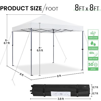 8x8ft White Steel Pop-Up Canopy Tent with UPF 50+ Fabric