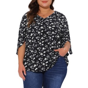 Agnes Orinda Women's Plus Size Floral V Neck 3/4 Sleeve Chiffon Work Tunic Blouse - 1 of 4