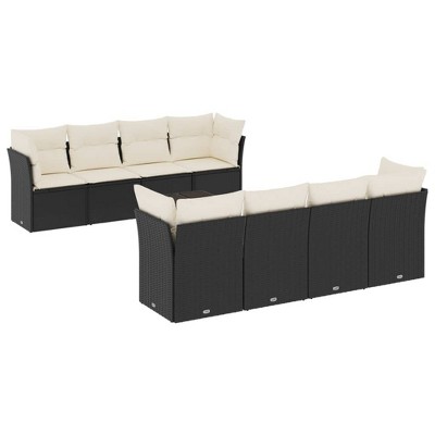 vidaXL 9 Piece Patio Sofa Set with Cushions Black Poly Rattan - Black and cream Table + 4x corner + 4x middle