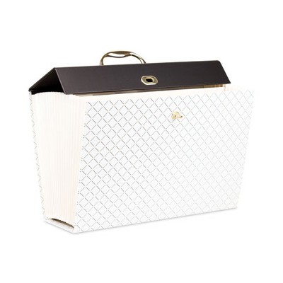 White and Black Diamond Pattern Expanding File Box with Gold Accents