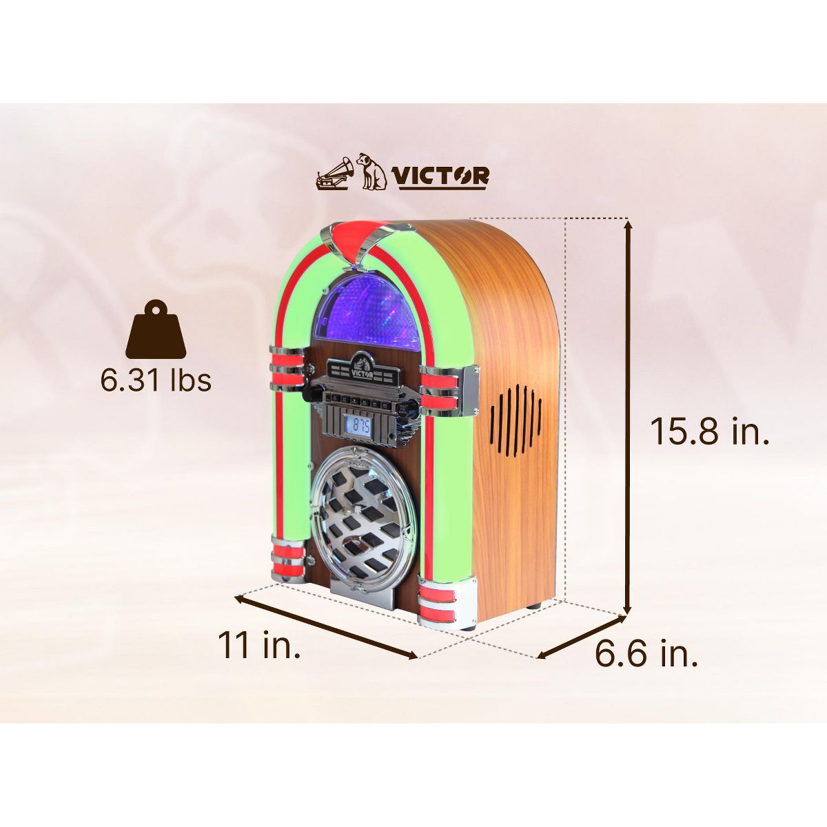 Victor Retro Bluetooth Jukebox with CD Player & FM Radio | 15-Inch 1950s Diner Style Tabletop Speaker, Color-Changing LED Lights, 33ft Wireless - thumbnail 2