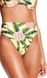 Women's Peony Botanical/Stripe Print Reversible High Waist Cheeky Bikini Bottom - Agua Bendita x Target Yellow/Dark Olive/Blush