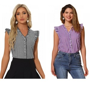 INSPIRE CHIC Women's Cap Sleeve Plaid Gingham Ruffle Shirt 2 Packs - 1 of 4