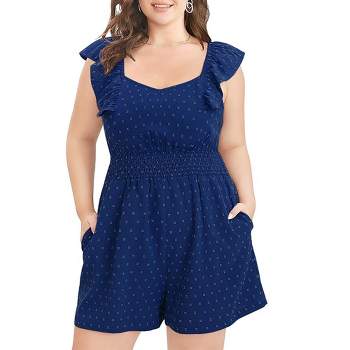 Women's Plus Size Swiss Dot Rompers Summer Sleeveless Short Jumpsuits with Pockets