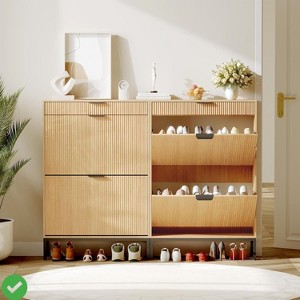 Small Spaces Fluted Shoe Storage Cabinet with 2 Flip Drawers Slim Wood Shoe Organizer Narrow Entryway Furniture with Storage - 1 of 4