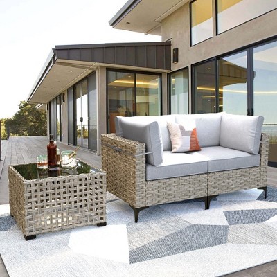XIZZI Wicker Loveseat Small Couch, 2 Seater Sofa, All Weather Rattan Furniture with Solar Coffee Table for Balcony Yard Poolside Garden