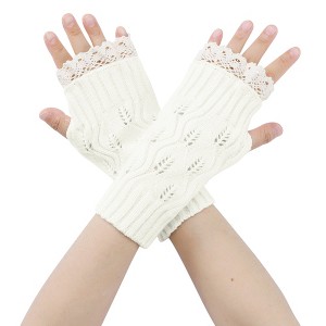 INSPIRE CHIC Women's Knit Lacework Wrist Thumb Hole Half Finger Sleeves Gloves for Christmas Windproof 1 Pair - 1 of 4