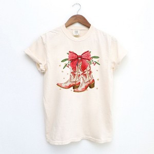 Simply Sage Market Women's Coquette Cowgirl Christmas Boots Short Sleeve Garment Dyed Tee - 1 of 4
