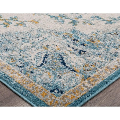 Ivory and Blue Rectangular Synthetic Vintage Area Rug, 5' x 7'