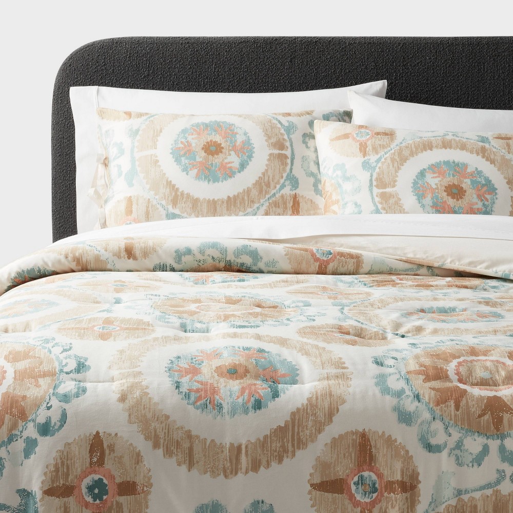 King Suzani Print Comforter and Sham Set Ivory/Light Teal Blue - Threshold: Cotton Sateen, OEKO-TEX Certified, 310 Thread Count