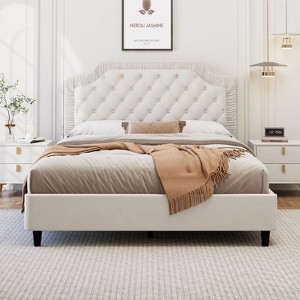 CAVINAS King/Queen/Full Size Velvet Upholstered Platform Bed Frame with Button Tufted Headboard,No Box Spring Needed - 1 of 4