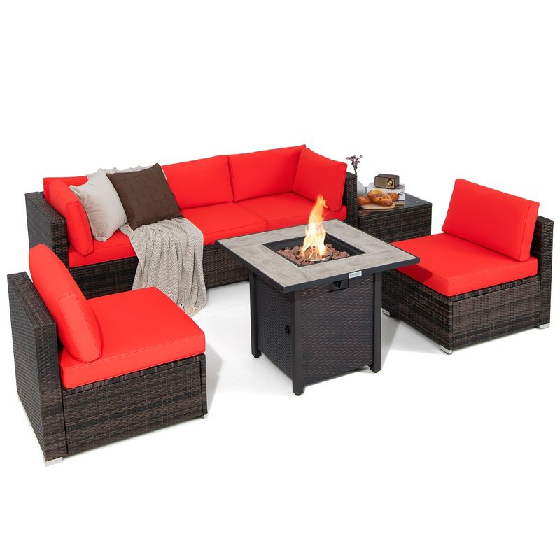 Costway 7PCS Patio Rattan Furniture Set 30'' Fire Pit Table Cover Cushion Sofa Off White\Black\Navy\Red\Turquoise, 3 of 10